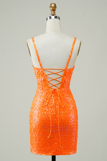 Glitter Orange Tight Corset Lace Up Back Sequin Homecoming Dress with Beading